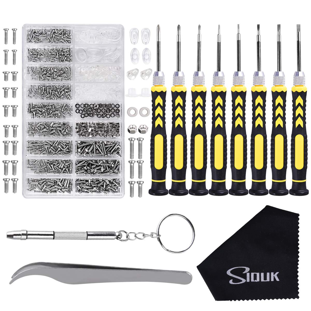 Eyeglass Repair Kit, SIQUK Glasses Repair Kit with 8 in 1 Magnetic Screwdriver and 6 Pairs Nose Pads, Screws Tweezers Glasses Cloth for Glasses, Eye Glass, Sunglass and Watch Repair