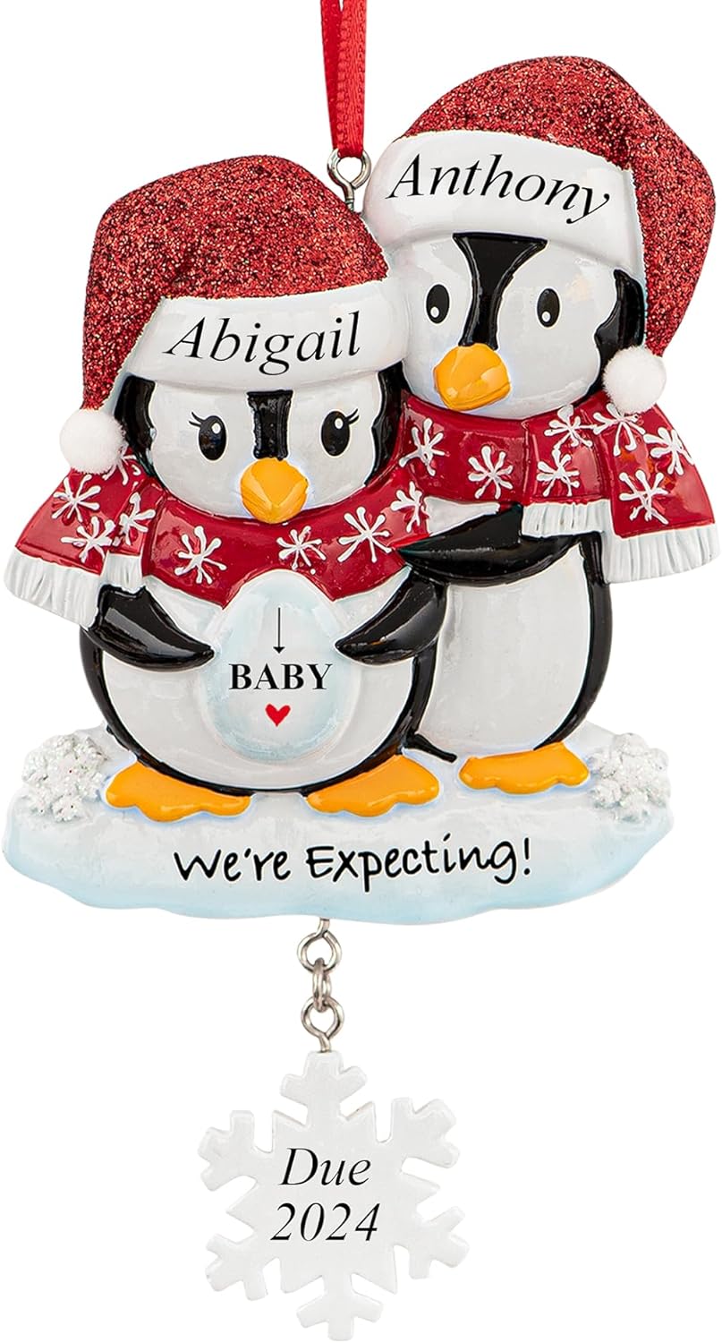 Ornaments - UniqXmas Personalized Pregnant Christmas Ornament 2023 | We are Expecting Mom-Dad-Parents to Be | Baby on The Way, Pregnancy Announcement | Bump’s First Xmas Keepsake Penguins - Custom Name and Year