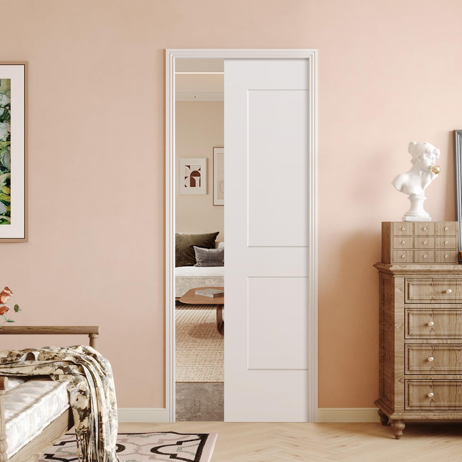 Photo 1 of BARNSMITH 30in x 80in Sliding Pocket Door, Track Hardware and Frame Kits with 2-Panel White Paintable Door Slab Included, Soft Close Mechanism, Durable and Smooth