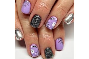 MDSCVE Halloween Press on Nails Short Square Fake Nails Purple False Nails with Bat Spider Web Ghost Designs Halloween Nails Full Cover Acrylic Nails Glitter Glue on Nails Stick on Nails for Women 24 Pcs