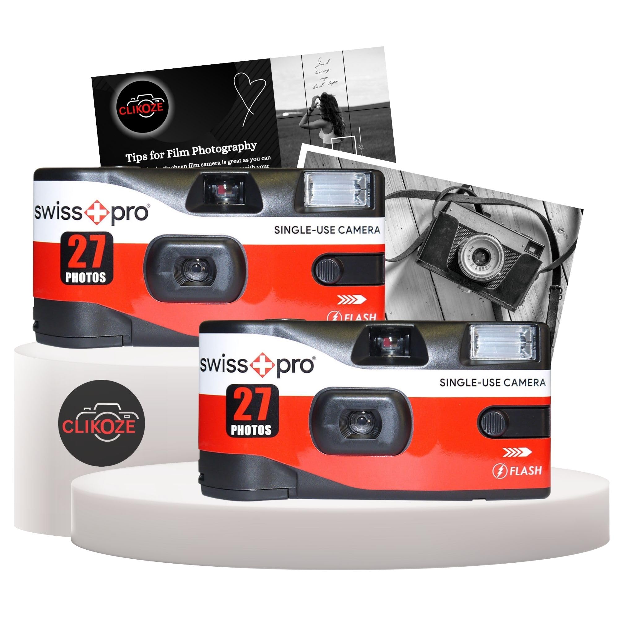 Disposable Camera Bundle with Swiss+Pro Disposable Camera Single-Use Film Cameras with 27 Exposures and Clikoze Disposable Photography Tips Card (2 Pack)
