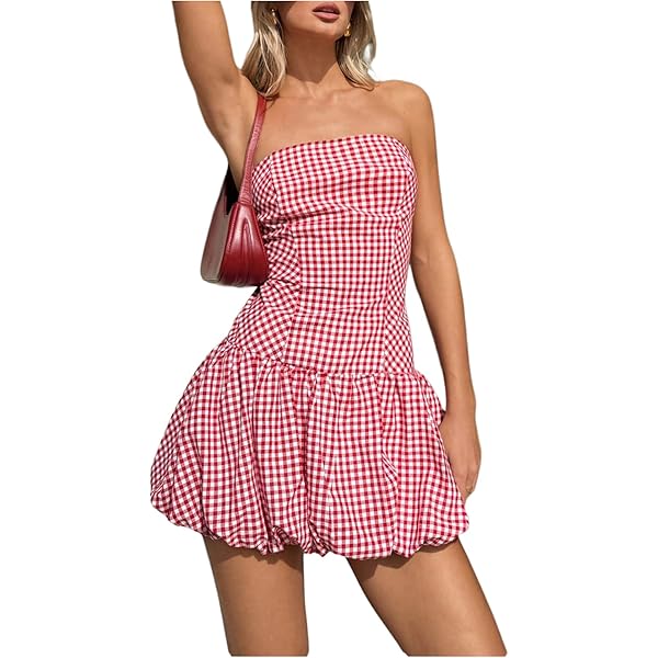SOLY HUX Women's Y2K Plaid Strapless Mini Dress - Retro Pleated A-Line Flowy Summer Dress