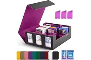 UAONO Card Storage Box for Trading Cards, 1800+ Commander Deck Box for MTG with Display Window, Toploader Card Case fits Magic TCG PTCG Sports Cards; 10 Removable Divider, 3 Stoppers (Black, Purple)