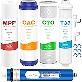 SimPure 5-Stage Reverse Osmosis Replacement Filter Set with 75 GPD RO Membrane, 5pc Pre & Post Replacement Cartridge Pack Kit for Standard 10-icnh 5-Stage Reverse Osmosis RO Systems