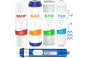 SimPure 5-Stage Reverse Osmosis Replacement Filter Set with 75 GPD RO Membrane, 5pc Pre & Post Replacement Cartridge Pack Kit for Standard 10-icnh 5-Stage Reverse Osmosis RO Systems