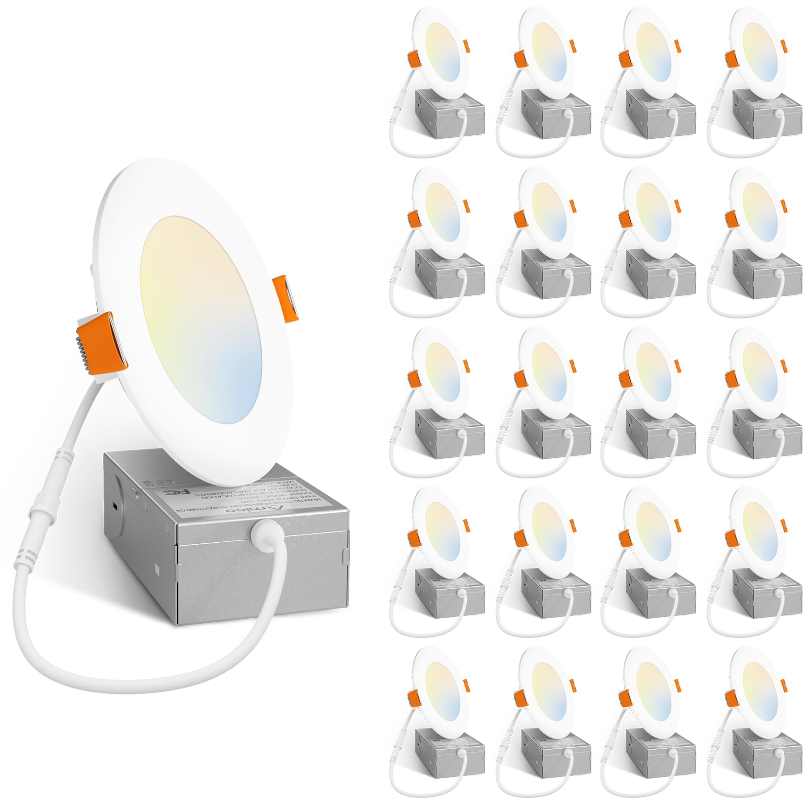 Photo 1 of Amico 20 Pack 4 Inch 5CCT Ultra-Thin LED Recessed Ceiling Light with Junction Box, 2700K/3000K/4000K/5000K/6000K Selectable, 11W Eqv 70W, Dimmable Can-Killer Downlight, 800LM High Brightness - ETL&FCC