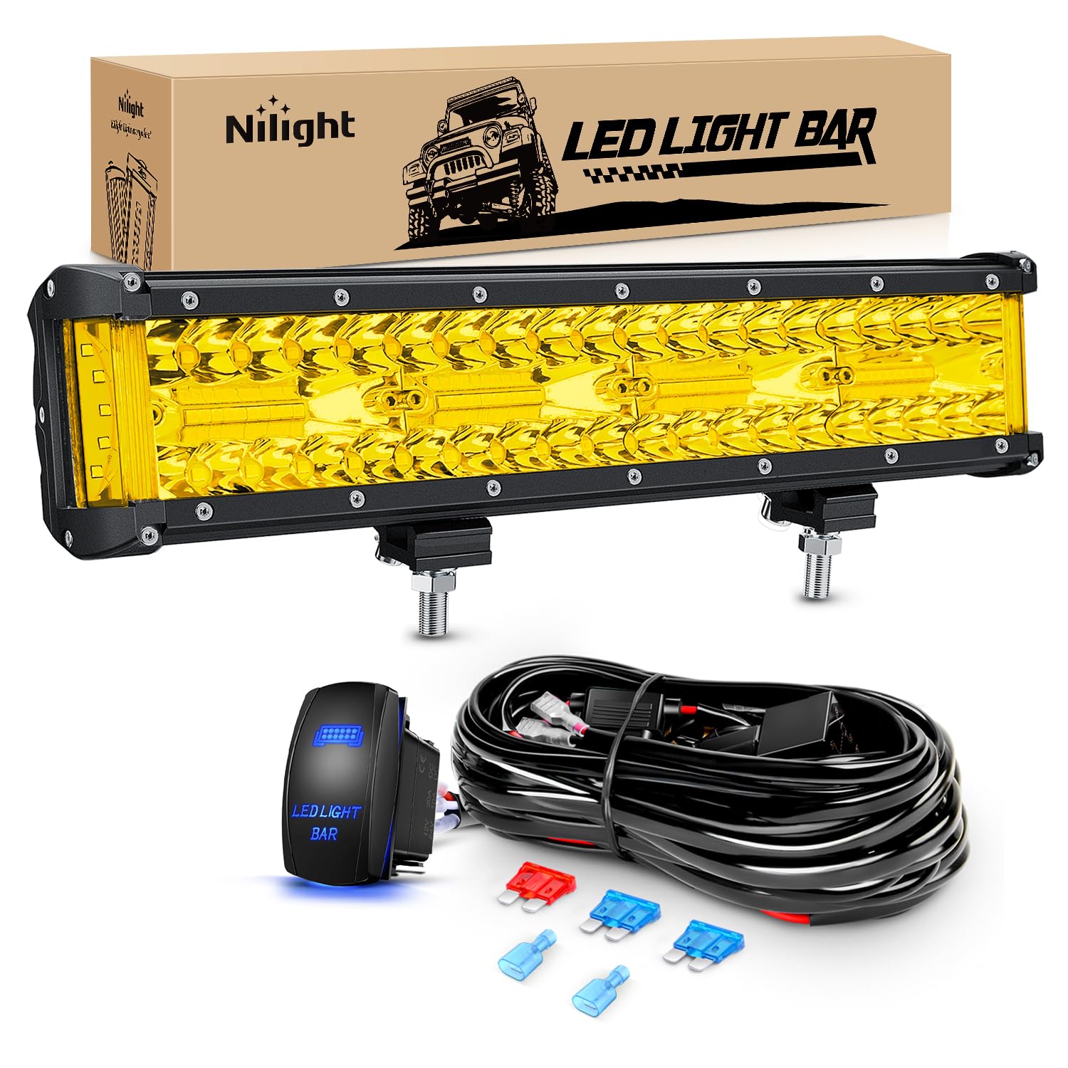 Nilight Side Shooter Light Bar 12Inch Triple Row Spot Flood Combo Yellow Beam Work Lights with 5Pin Rocker Switch Wiring Harness Kit for Off-Road Lighting on Truck SUV ATV UTV Image