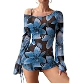 ALIREVERIE Women's Summer July 4th Off Shoulder See-Through Side Tie Y2K Sexy Swimsuit Cover Up Bell Sleeve Beach Dress