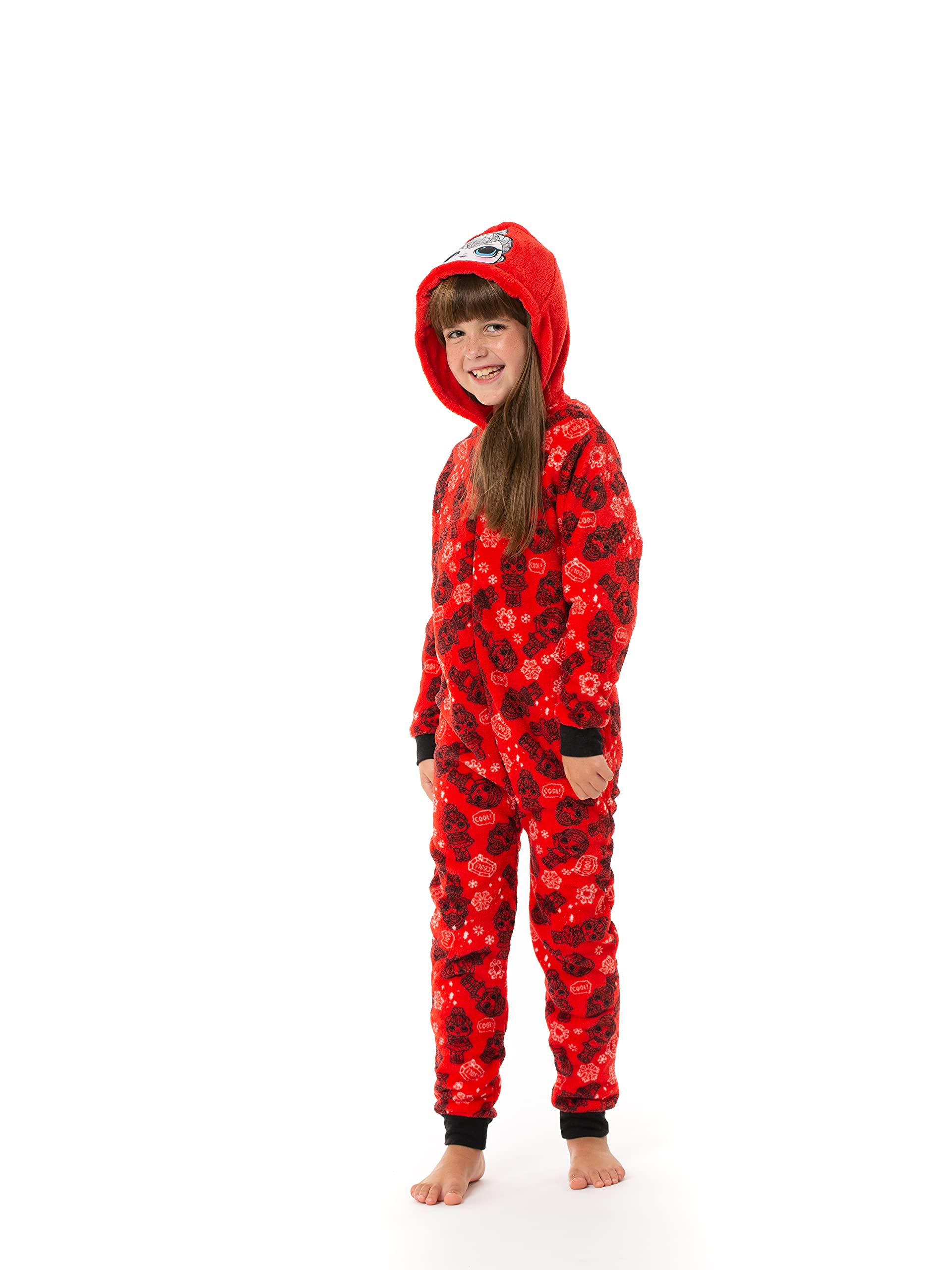 L O L Surprise! Girls Onesie, Super Soft, Warm & Cosy Fleece Sleepsuit, Children's Jumpsuit Pyjamas, Girls Hooded Onesie, Xmas Pjs, Kids Costume, Gift for Girls, Size 3-4 Years Red