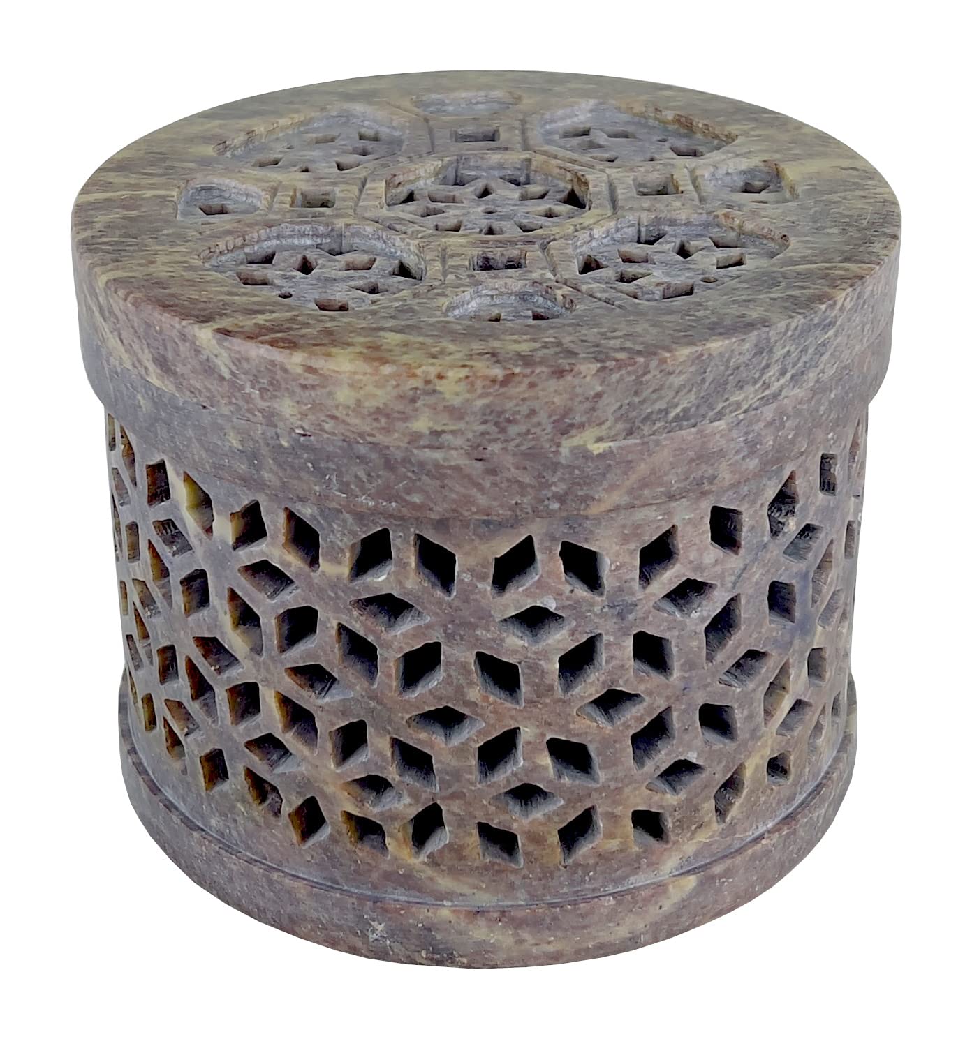 Bitto Incense Burner Lantern Softstone HEXAGON with Lid Height 10 cm, Ø 12 cm with Stainless Steel Sieve Ø 12 cm Fair Trade Deco Scent Fragrance