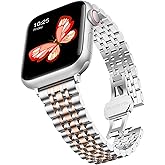 baozai Thin Band Compatible with Apple Watch Band 42mm 41mm 40mm 38mm, Women Slim Stainless Steel Wristband for Apple Watch Series 11-1/SE3/SE2/SE, Silver/Rose Gold