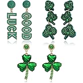 3 Pairs of St. Patrick Earrings Set for Women, Sparkle Shamrock Green Leaf Earrings, Letter Good Luck Beaded Shamrock Clover Dangle Earrings for St. Patrick Party Jewelry Decor Gifts