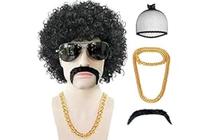Anogol+Wig Cap+Mustache+Necklace 4Pcs Afro Wig Men 80S 70S Wigs for Men 70S Outfits for Men Afro Wigs 70'S Disco Wig for Halloween Short Black Wigs for Disco Costume Boys Party Curly Wig Men Cosplay
