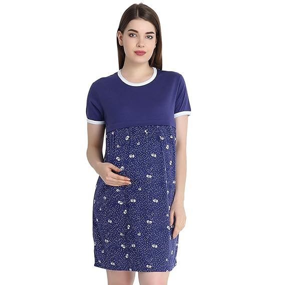 Women's Cotton Multicolor Feeding Long top/Nursing/Maternity/Night Dress with Print Half Sleeve/Breastfeeding Night Gown Baby Feeding Short Nighty