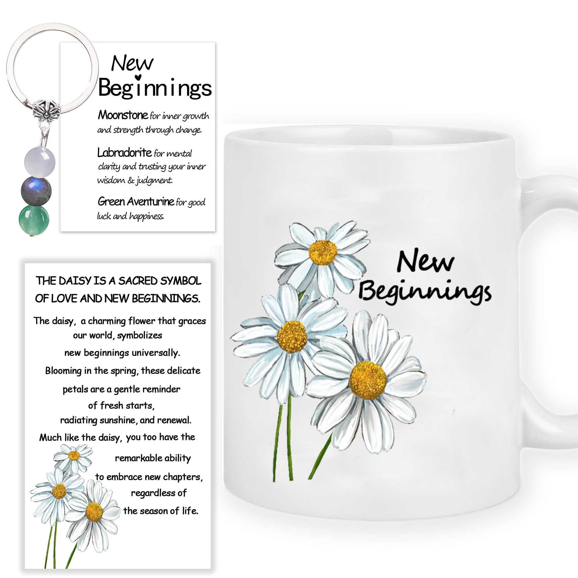 MKISHINE New Beginnings Gifts Cards Crystal Keychain Daisy White Coffee Mug for New Job,Going Away,Farewell,Goodbye, Good Luck,Coworker Leaving,Break Up,Divorce Gifts