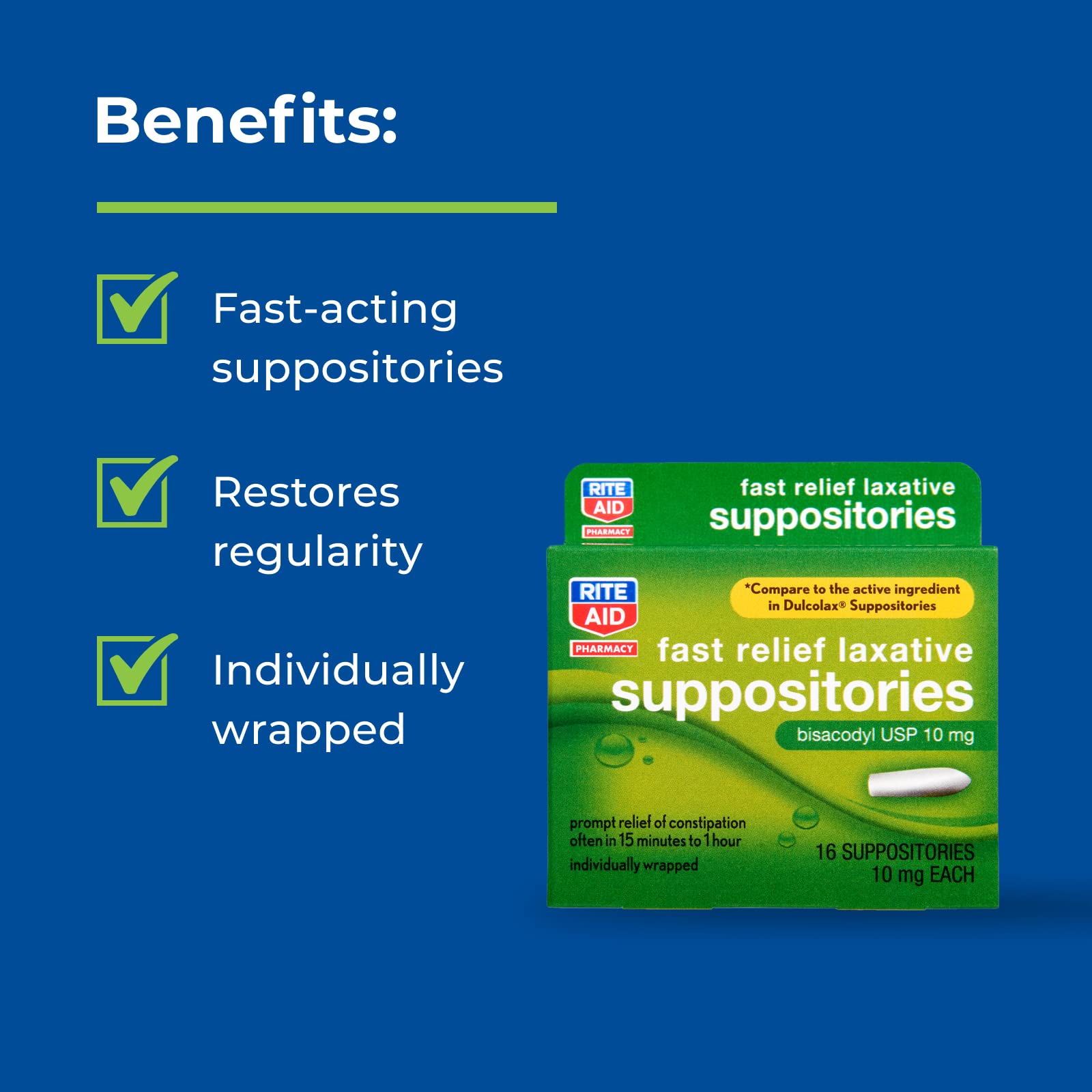 Rite Aid Fast Relief Laxative Suppositories, Bisacodyl USP, 10mg - 16 Count | Stimulant Laxative | Constipation Relief | Works in 15 Minutes to 1 Hour | Relief of Constipation | Laxative Suppository