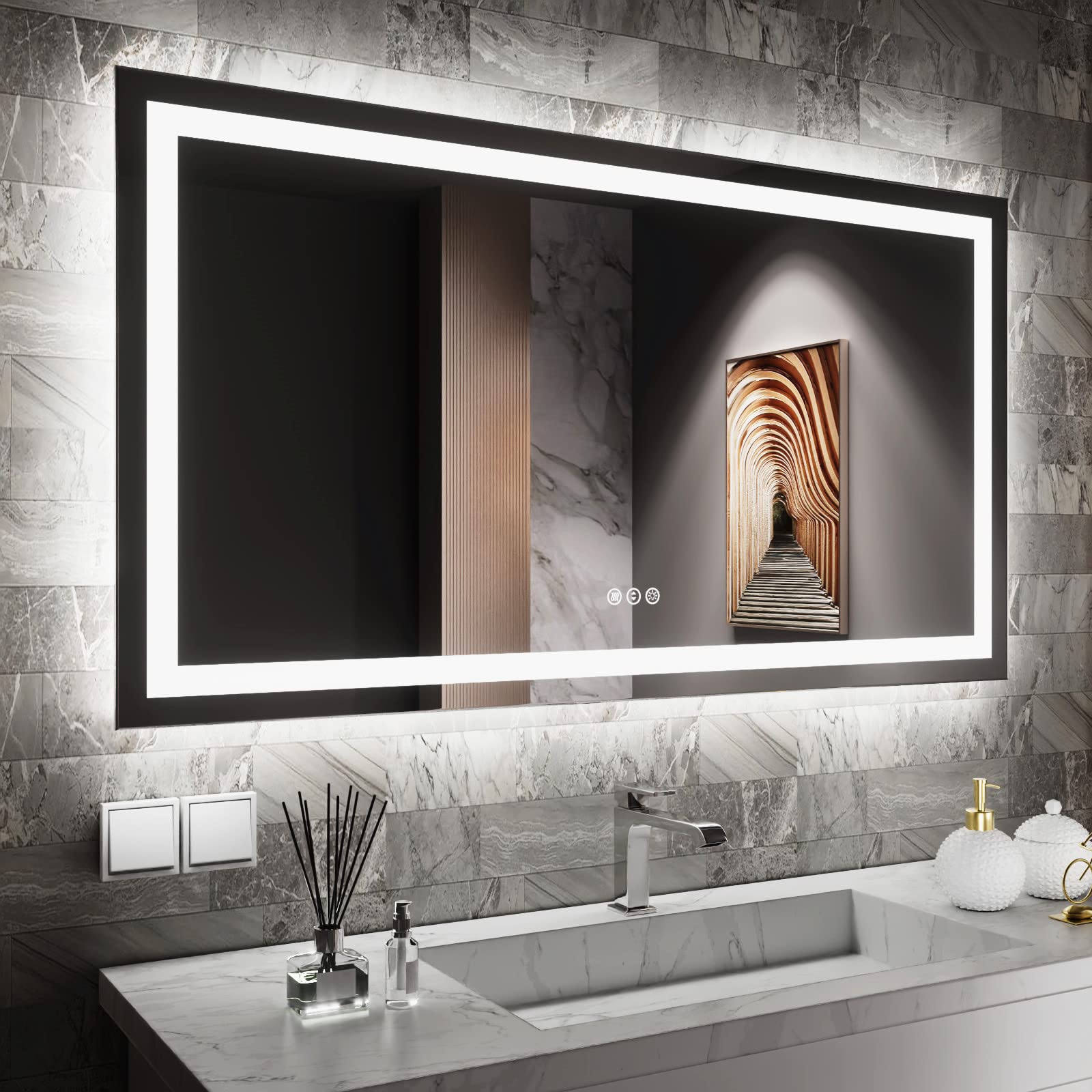 Photo 1 of ****MISSING CORD**** Amorho LED Bathroom Mirror, 55" X30" Front Light and Backlit Vanity Mirror, Dimmable Bathroom Mirrors for Wall, Anti-Fog, Memory, 3 Colors, Double LED Lights, Shatter-Proof, ETL Listed
