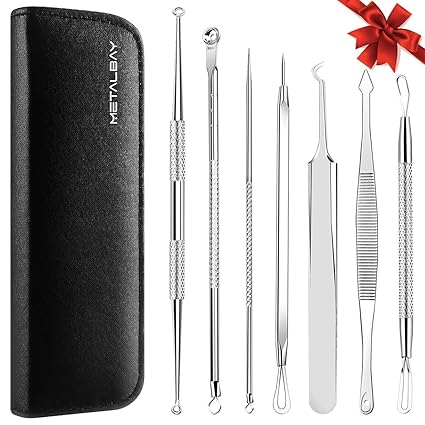 Mitesserentferner Set, METALBAY Komedonenquetscher Edelstahl Pickelentferner Komedonenheber Pinzette 7 Stücke Kit für Pickel 