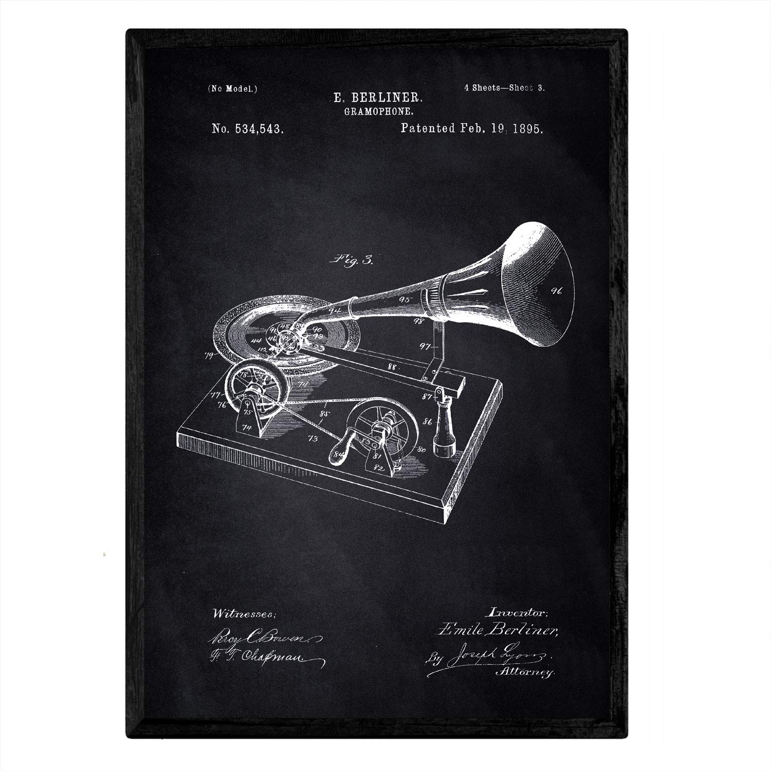 Nacnic Poster patent gramophone. Sheet with old design patent A3 size with black background
