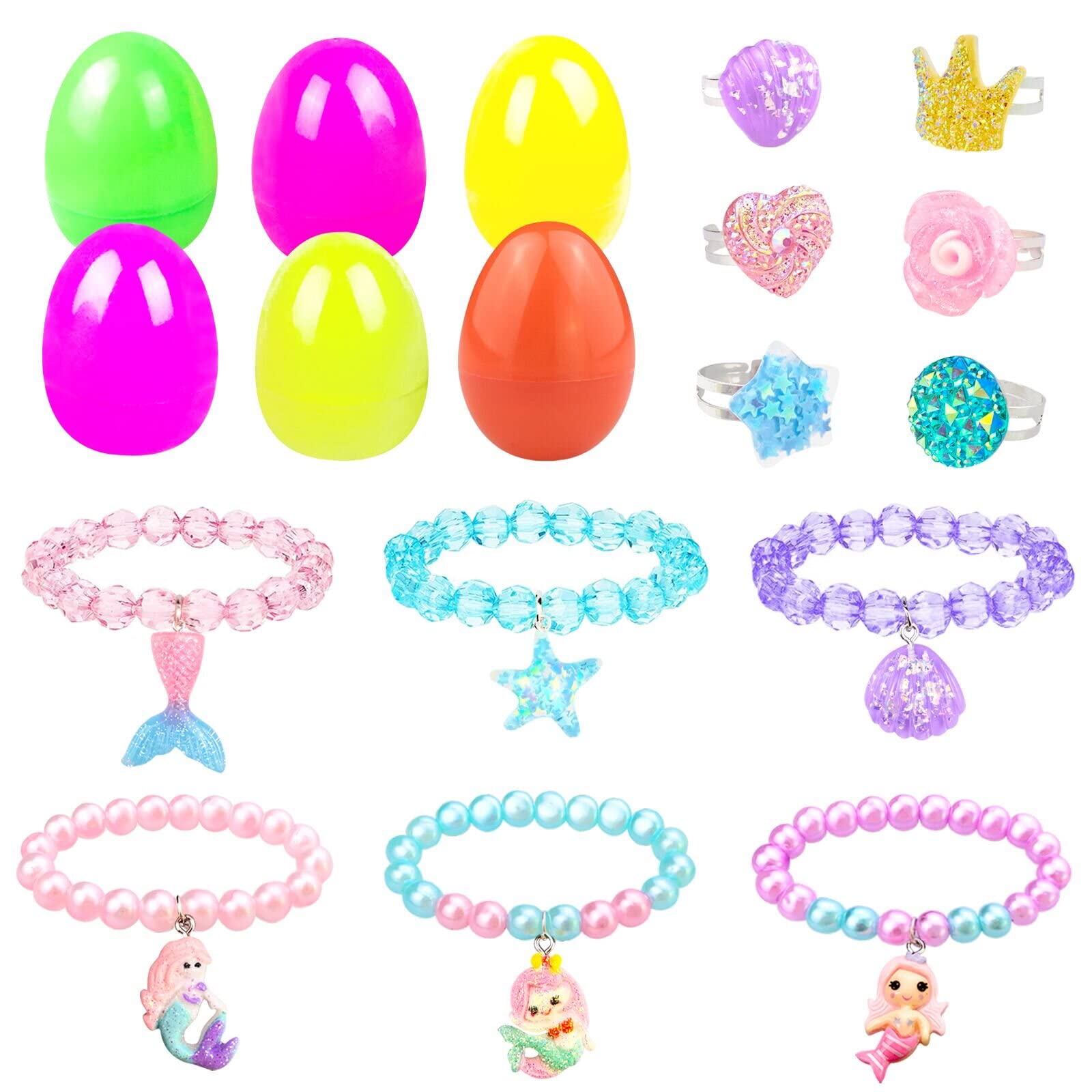 VLUSSO Easter Basket Stuffers Easter Eggs Fillers Filled 6 Pack Eggs with Colorful Bracelet Inside, Pre Plastic Eggs Stuffers Toys for Girls Kids Gifts
