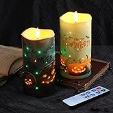 Eywamage Halloween Pumpkin Fiber Optic Flameless Pillar Candles with Remote | Halloween Decorations Home Table Shelf Mantel Decor, Flickering Spooky LED Candles, 3 AA Battery Operated, Set of 2