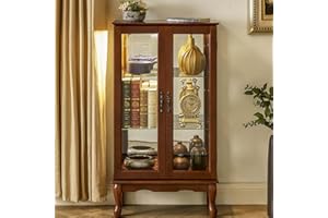 Anwick China Cabinet &Curio Cabinets with Glass Doors, Lighted Display Cabinet with Mirrored Back Panel, Tempered Glass and 3 Tiers Adjustable Shelves (Walnut)