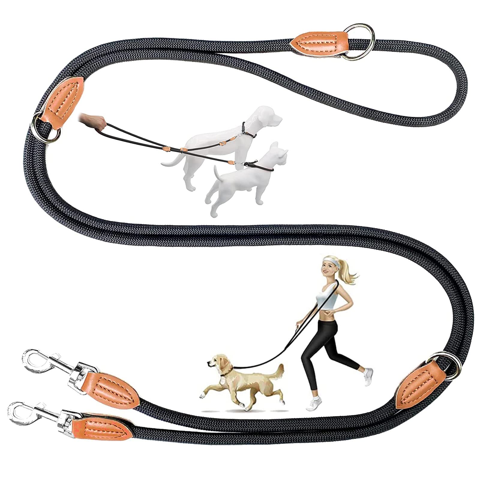 Double Dog Lead, Double Ended Lead Hands Free Dog Lead Dog Training Leads For Medium Small Dogs, Adjustable Multifunctional Rope Lead for Outdoor Walking Running Army Black 11mm*6.5ft