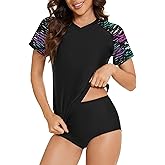 Bonneuitbebe Women's UPF 50+ Rash Guard Short Sleeve Swim Shirt Print Rashguard T-Shirts Bathing Suit Top