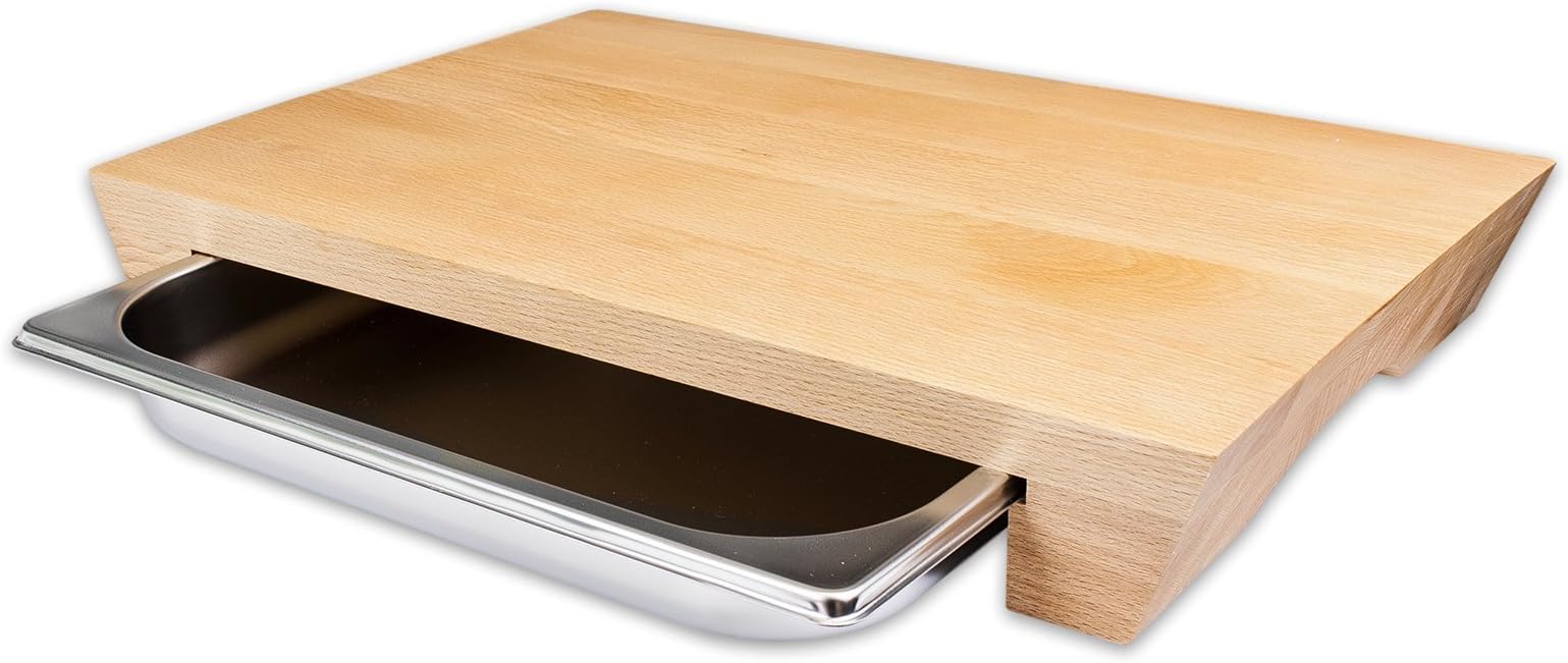 cleenbo Chopping Board"style beech", oiled beech wood countertop cutting board with stainless steel tray, Eco-Friendly, Hardwood, Board Dimensions: 16.5 in x 11.4 in x 2.4 in