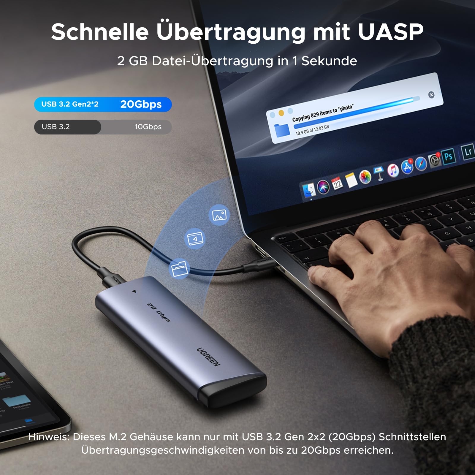 UGREEN 20Gbps M.2 SSD Gehäuse USB C 3.2 Gen 2x2, NVMe und SATA M2 Gehäuse für SSD in 2280/2242/2230/2260, kompatibel mit HP 14pro, iPhone17 Promax, PS5 2
