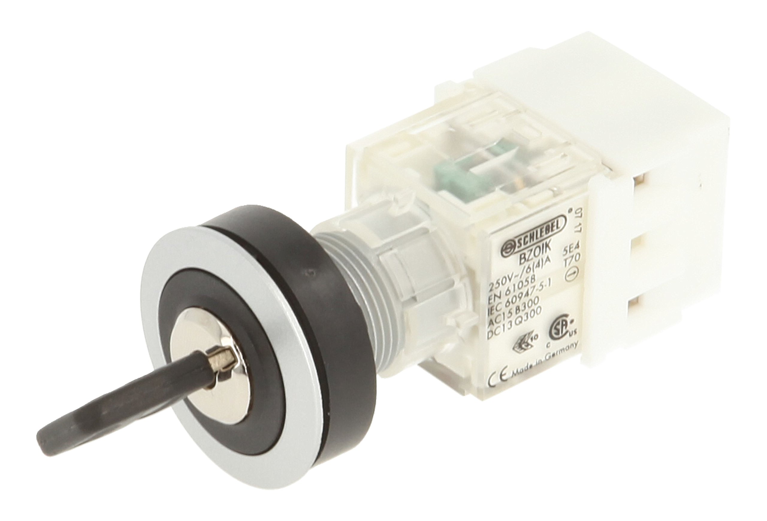 Schlegel 23.001.440 Key Switch Silver-Coloured, Locking, 2 Positions 11-13 o'clock, Push Contact Sensor 1 Opener/1 N/O Contact, Screw Connection