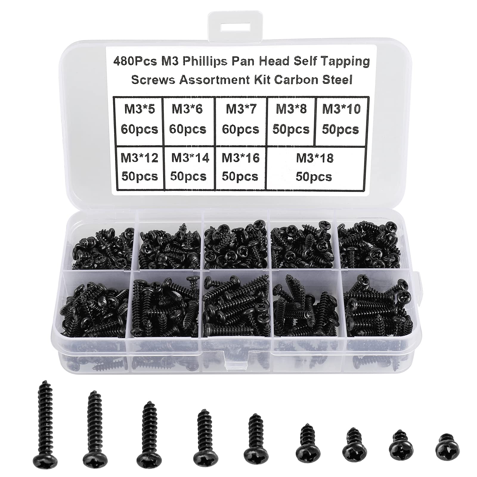FandWay 480Pcs Self Tapping Screws Black, M3 Small Wood Screws Kit, Round Head Self Drilling Screw, Pan Head Sheet Metal Screw Phillips/Cross Drive for DIY Woodwork Repairs