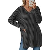 Velvelhall Women's Long Sleeve Sweater, V Neck Oversized Side Split Casual Top Loose Fit Lightweight Knit Pullover Sweaters