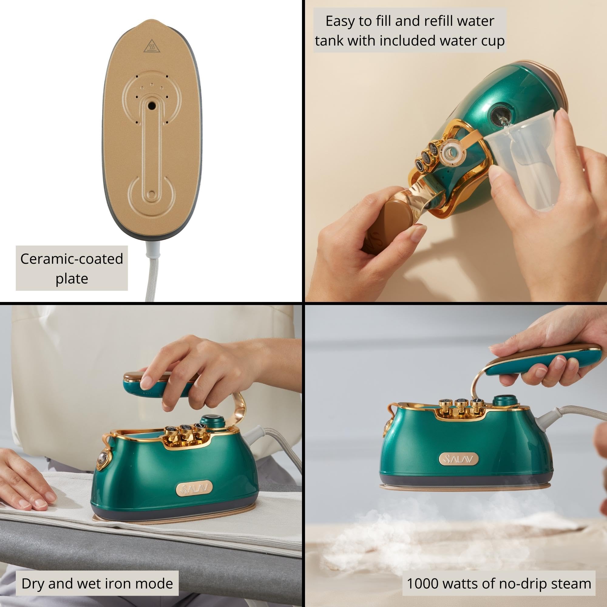 SALAV® Retro Edition Duopress Handheld Garment Steamer & Iron, Ceramic Plate, 1000W, No Drip Steam, Vertical & Horizontal Steam, Emerald - Removes Wrinkles & Refreshes Clothes, Vintage Style