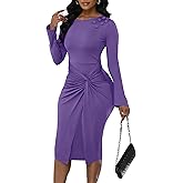 Twist Front Wrap Long Sleeve Dress for Women Button Decoration Ruched Midi Party Dresses