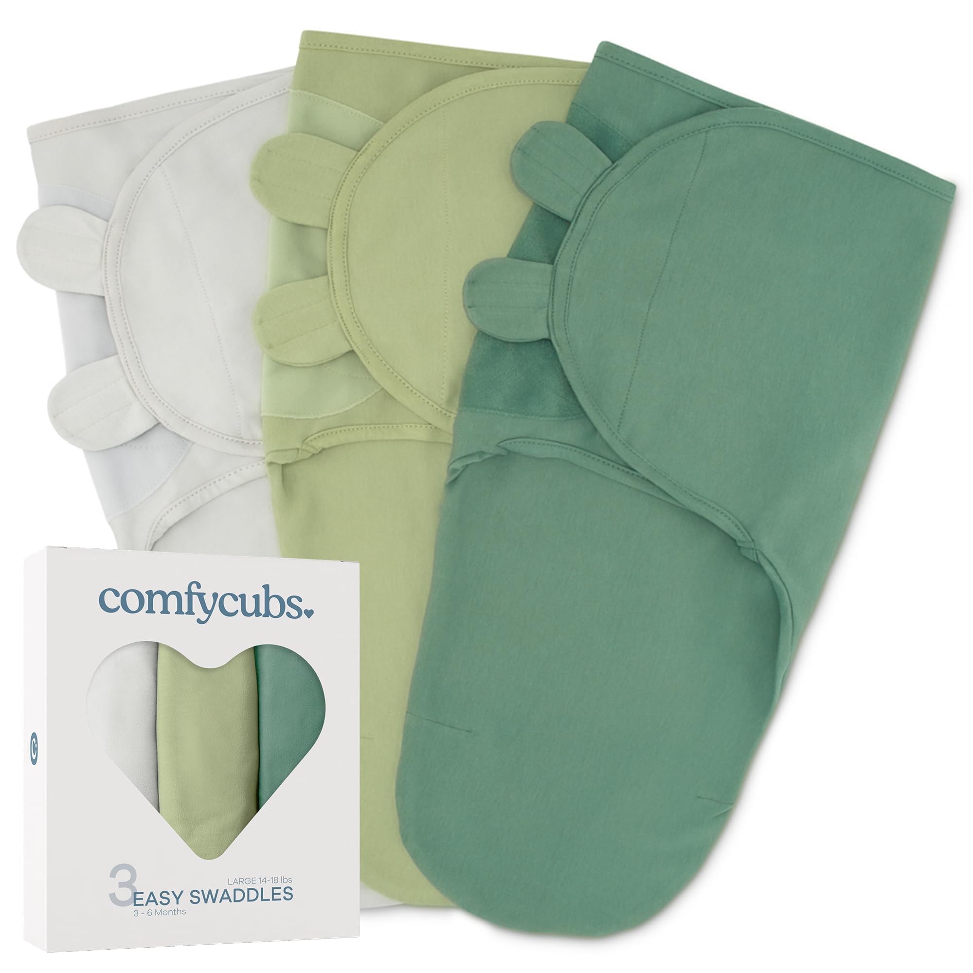Comfy Cubs Easy Swaddle Blanket, 3 Pack - 100% Cotton Swaddle Set, Large for 3-6 Months Infants, Breathable and Durable Sleep Sack, Newborn Baby Gifts - Stone, Sage, Azul