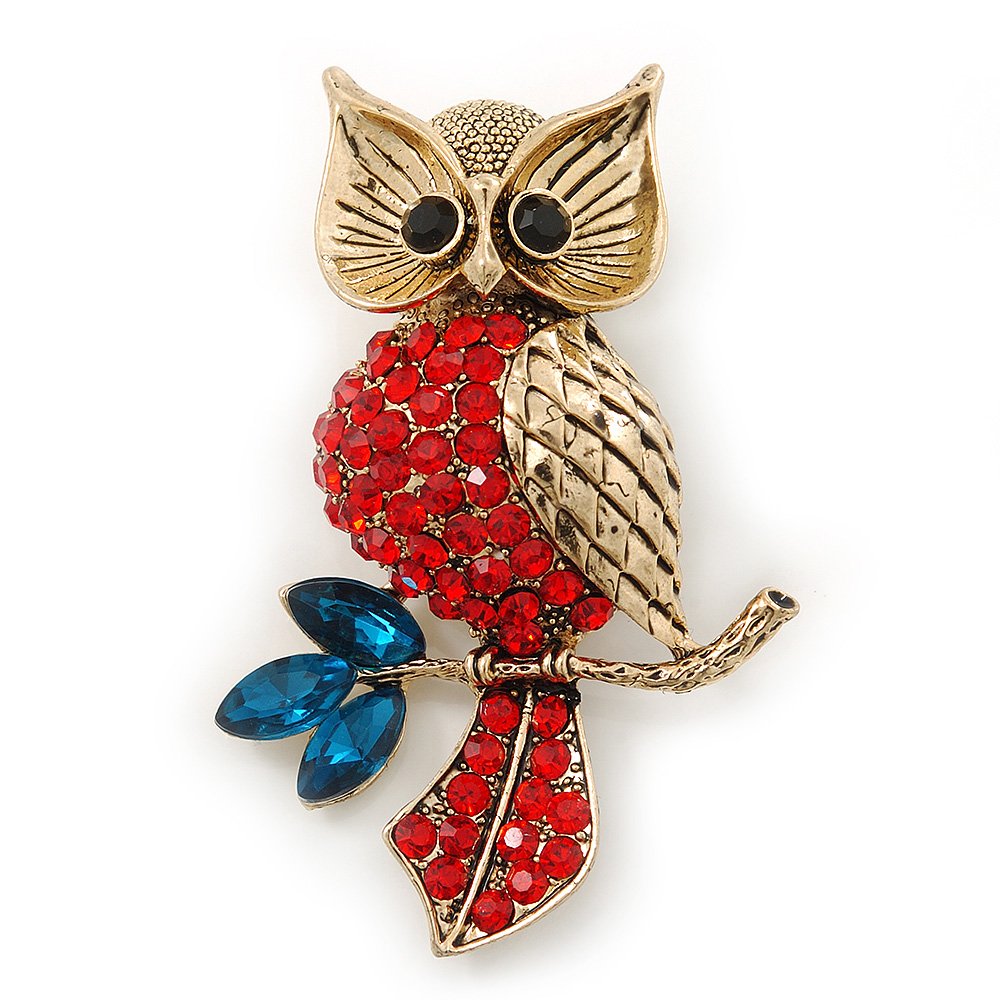 Hootin Red/Teal Crystal Owl Brooch In Antique Gold Metal - 58mm Length