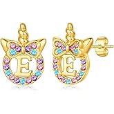 MONOOC Valentines Gifts for Kids Girls - Unicorn Earrings for Girls Gifts, S925 Sterling Silver Post Hypoallergenic Initial Earring CZ Unicorns Stud Earrings Birthday Gift for Girl Kids Jewelry