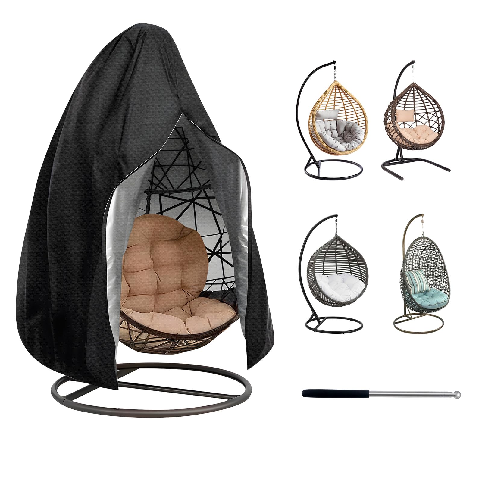 NEVERLAND Large Egg Chair Cover - 420D Heavy Duty Oxford Egg Chair Covers Waterproof, Hanging Egg Chair Cover with Zipper and Telescopic Pole for Outdoor Garden Swing Chair, 205 * 120cm, Black
