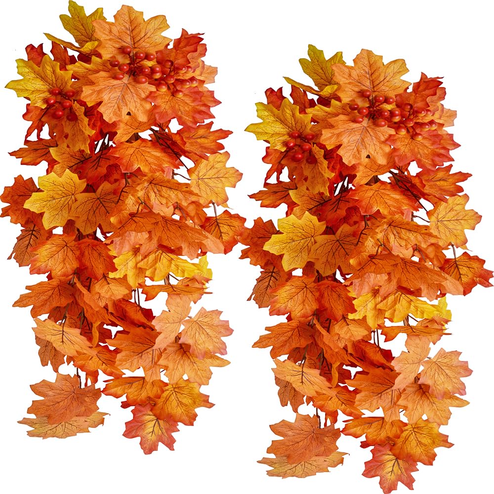 Photo 1 of 3pcs Artificial Hanging Fall Plants Fake Hanging Fall Garland Plant Faux Maple Leaf Garland Vine Outdoor UV Resistant Plastic Plants (3, Fall Orange)