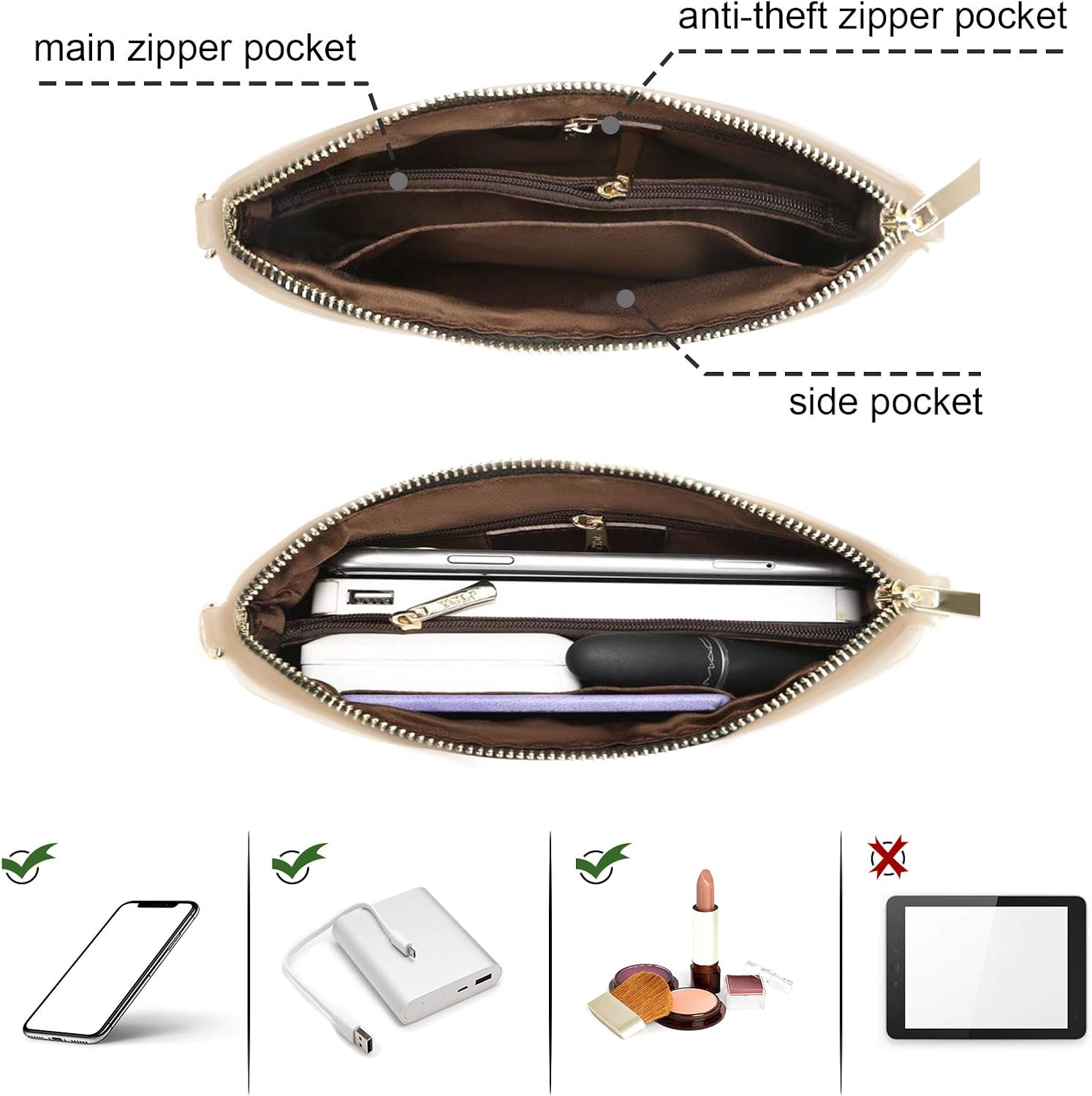 ZMDB Small Crossbody Bag for Women Vegan Leather Handbags for Women Shoulder Bag with Adjustable Strap Ladies Wristlet Clutch for Party Holiday Travel (Beige) - Image 5
