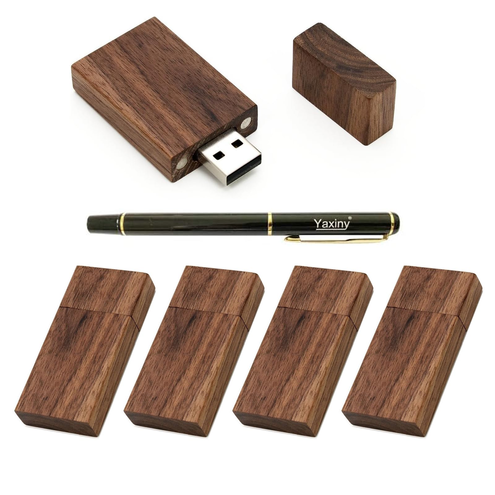 Yaxiny 5 Pack Rectangle Walnut Wood 2.0 USB Flash Drive 32GB USB Disk Memory Stick with Wooden