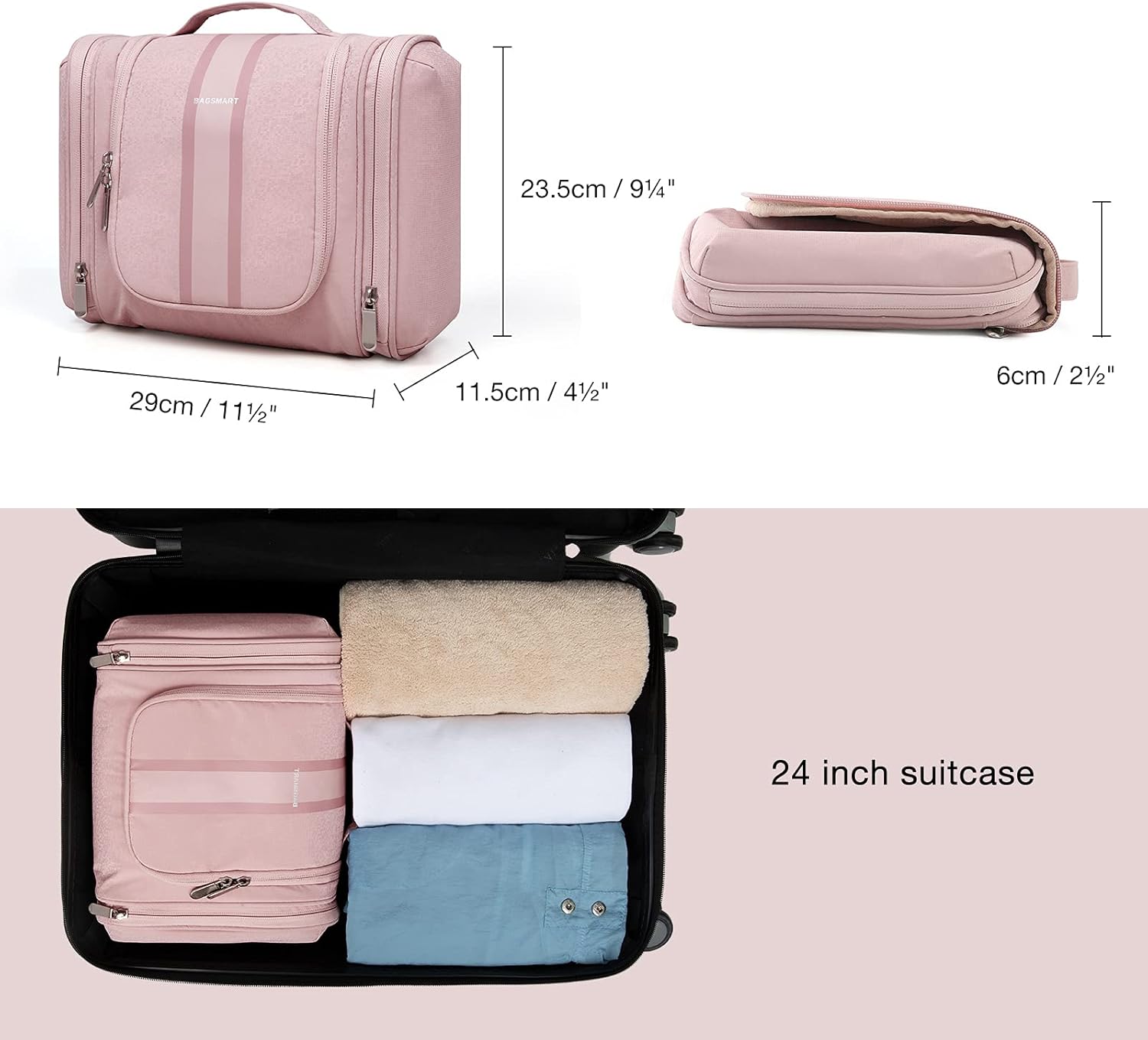 Hanging Toiletry Bag, BAGSMART Travel Toiletry Organizer with hanging hook, Water-resistant Cosmetic Makeup Bag Travel Organizer for Shampoo, Full Sized Container, Toiletries, Pink