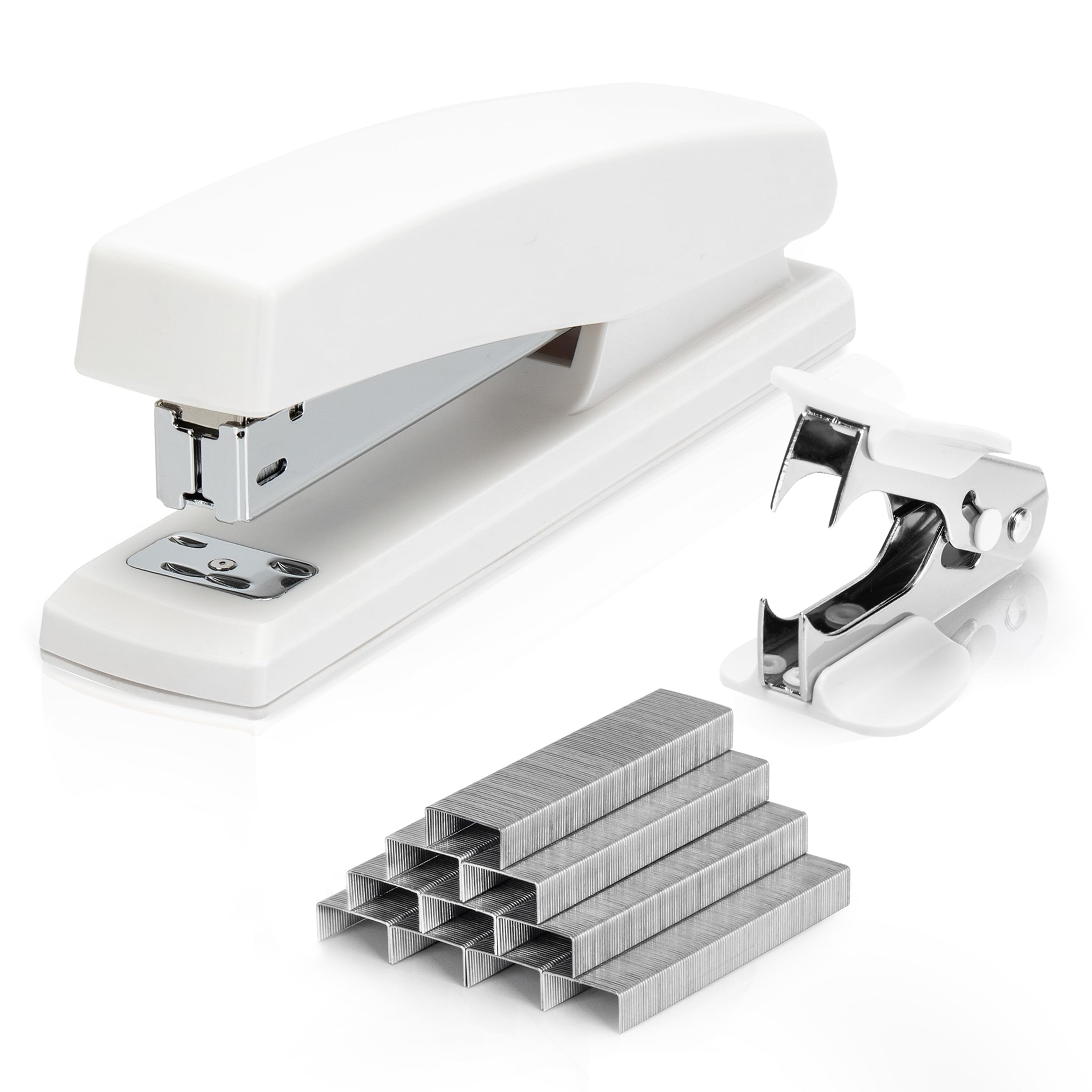 Deli Stapler for 24/6 & 26/6 Staples, Office Desktop Stapler with 25 Sheet Capacity, Includes 1000 Staples & Staple Remover – White