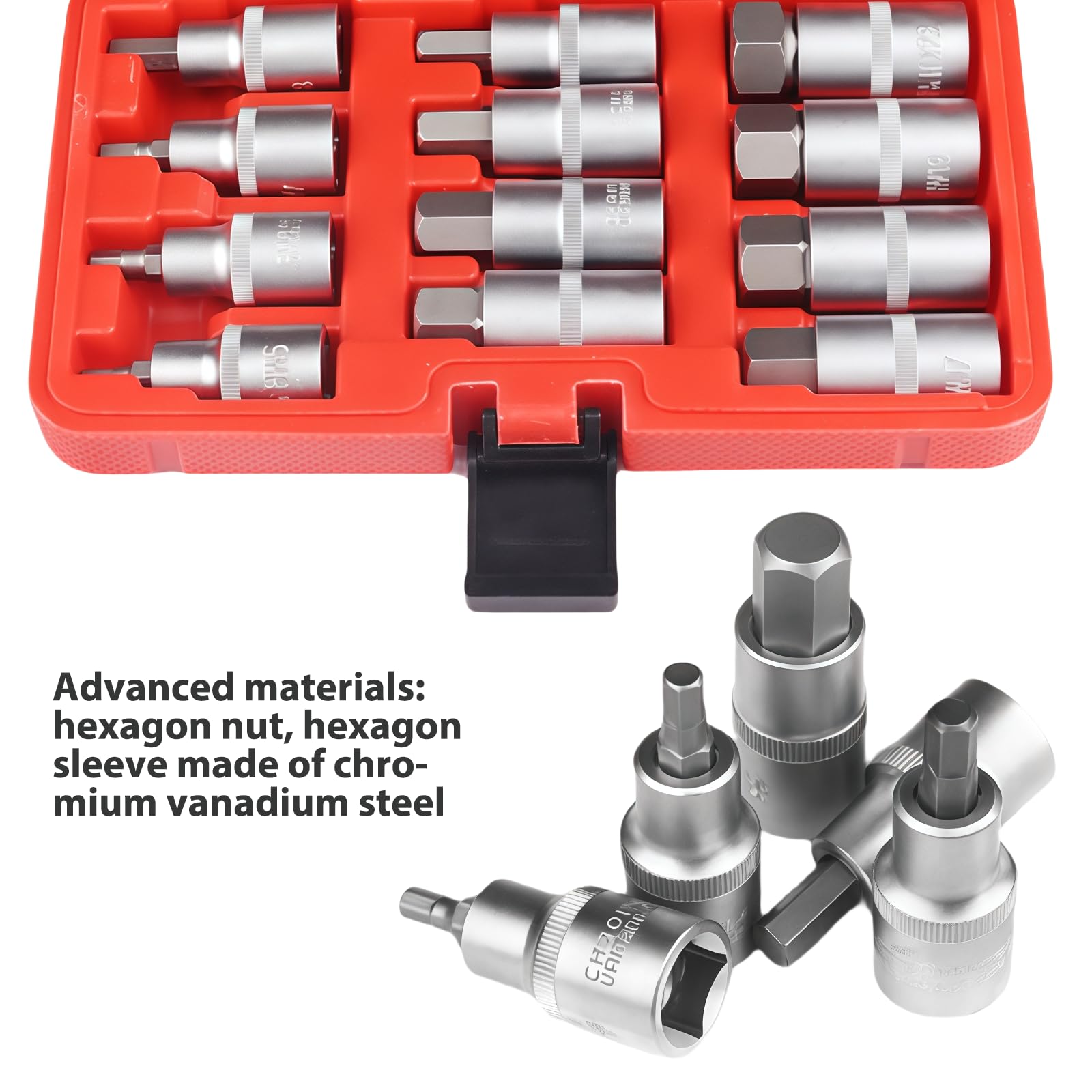 12-tlg Inbus Nuss Satz 1/2'' mit Kunststoffkoffer, Innensechskant Inbus Stecknüsse Set 5-22 mm, 1/2 Zoll für Inbus, Sechskant-Bit-Set 5-22 mm 5