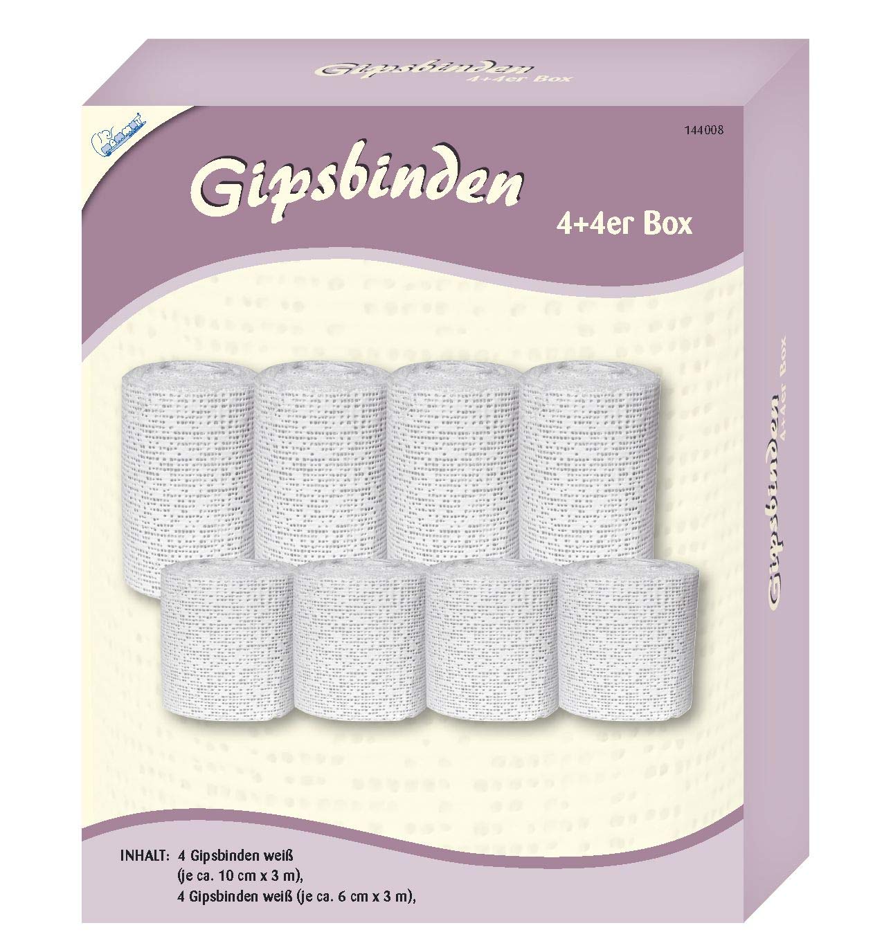 Mammut 144008 Plaster Bandages 4 + 4 Pack, 8 Modelling Bandages in 2 Sizes as Accessories and Extension for Plaster Cast Baby Belly Set, for Moulding a Plaster Belly for Creatives, White, 1000 g