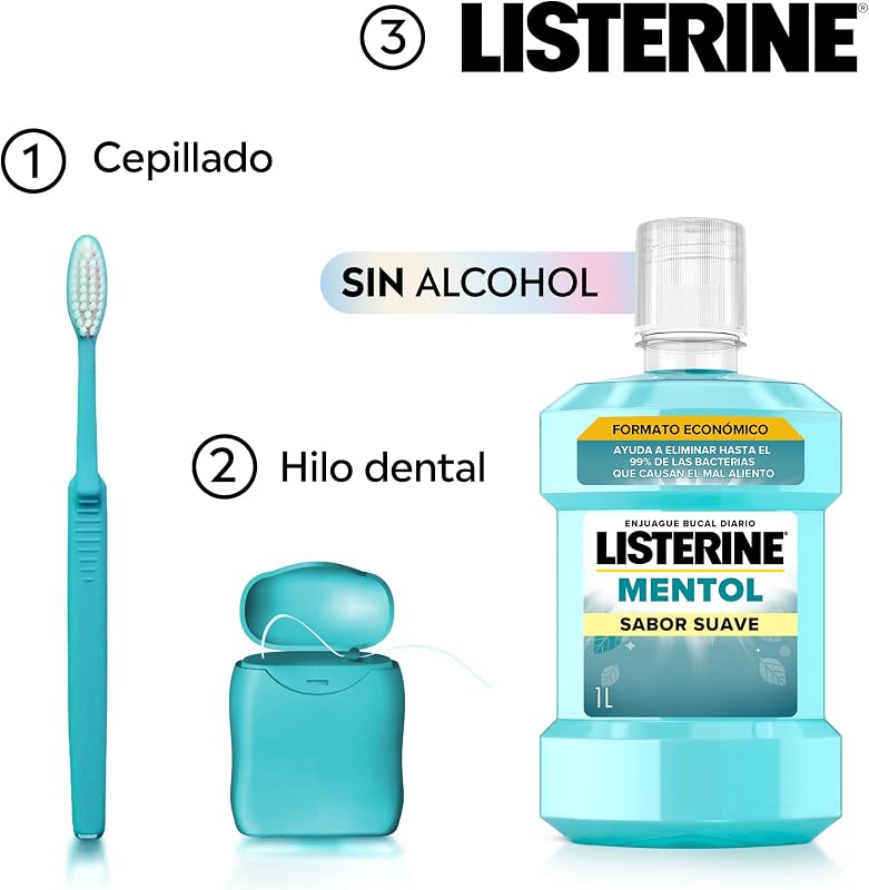 Mentol Enjuague Bucal Sin Alcohol Menta Suave, Pack de 2 x 1 L