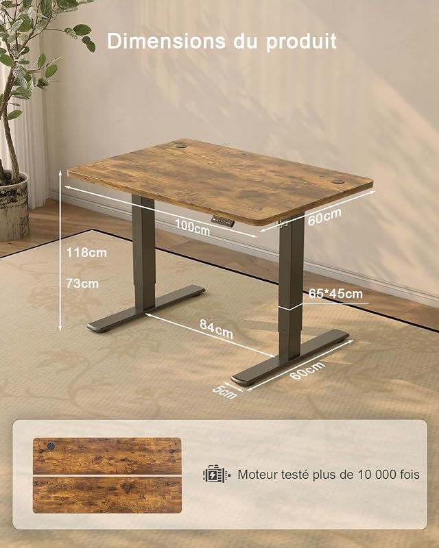 Bureau Assis Debout 100×60 cm, Rappel Posture, 2 Mémoires, Marron — photo 5 sur 8