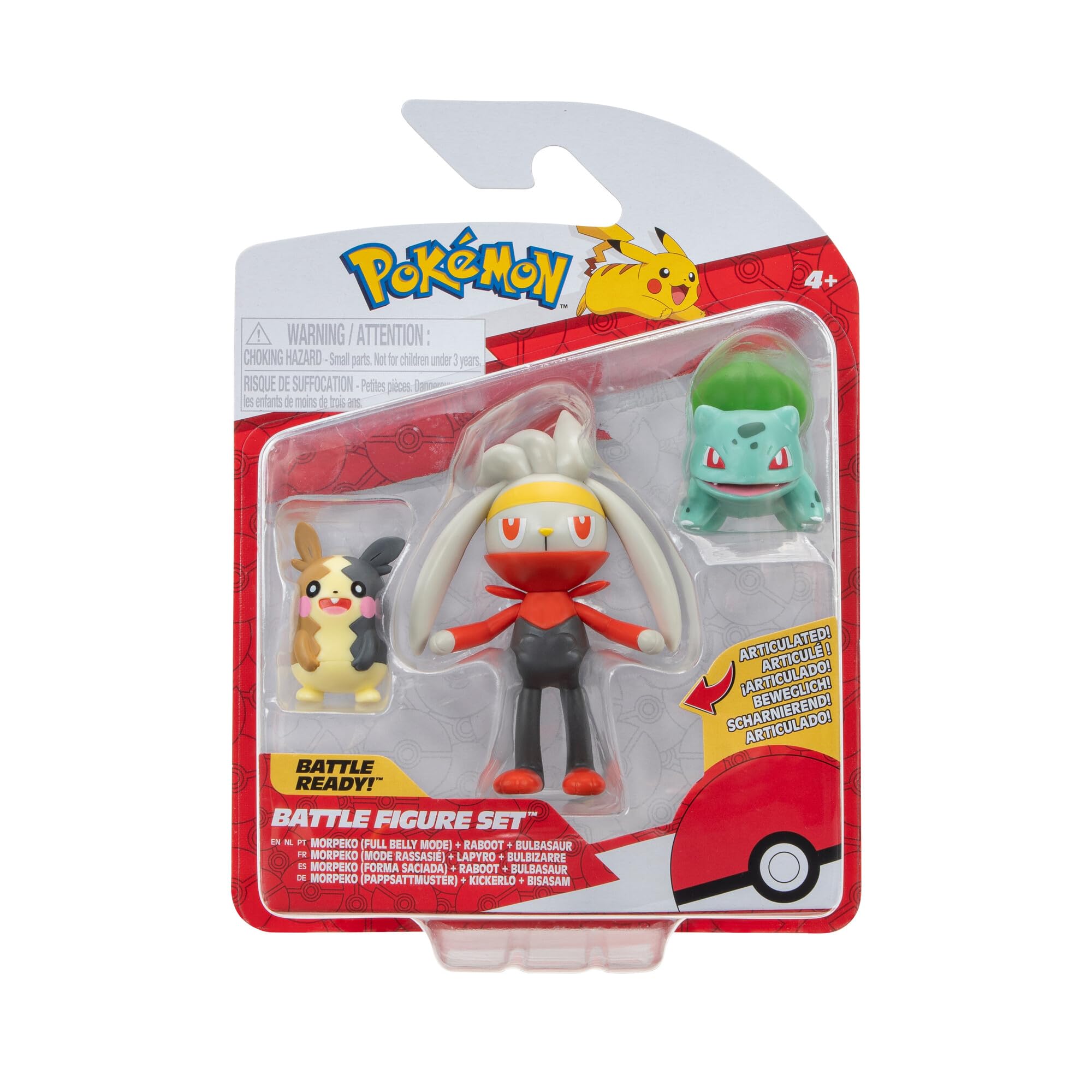 Pokémon Battle Figure 3 Pack - Features 2-Inch Morpeko and Bulbasaur and 3-Inch Raboot Battle Figures