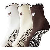 Digoon 3 Pairs Pilates Socks with Grips Non-slip Ruffle Cute Heart Yoga Grip Sock for Women